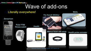 Raskar, Camera Culture, MIT Media Lab
Wave of add-ons
Literally everywhere!
Ramesh Raskar, Camera Culture, MIT Media Lab
The Sanofi iBGStar
Wello
ihealth pulse oximeterWahoo heart rate strap
ihealth
Polar FT60
fitness watch
Zensorium
 