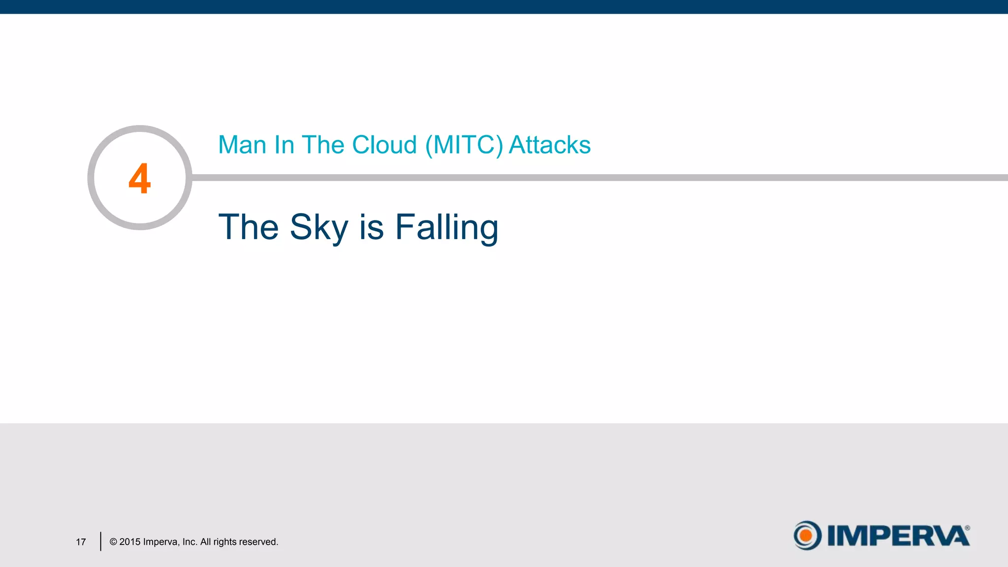 © 2015 Imperva, Inc. All rights reserved.
Man In The Cloud (MITC) Attacks
The Sky is Falling
4
17
 