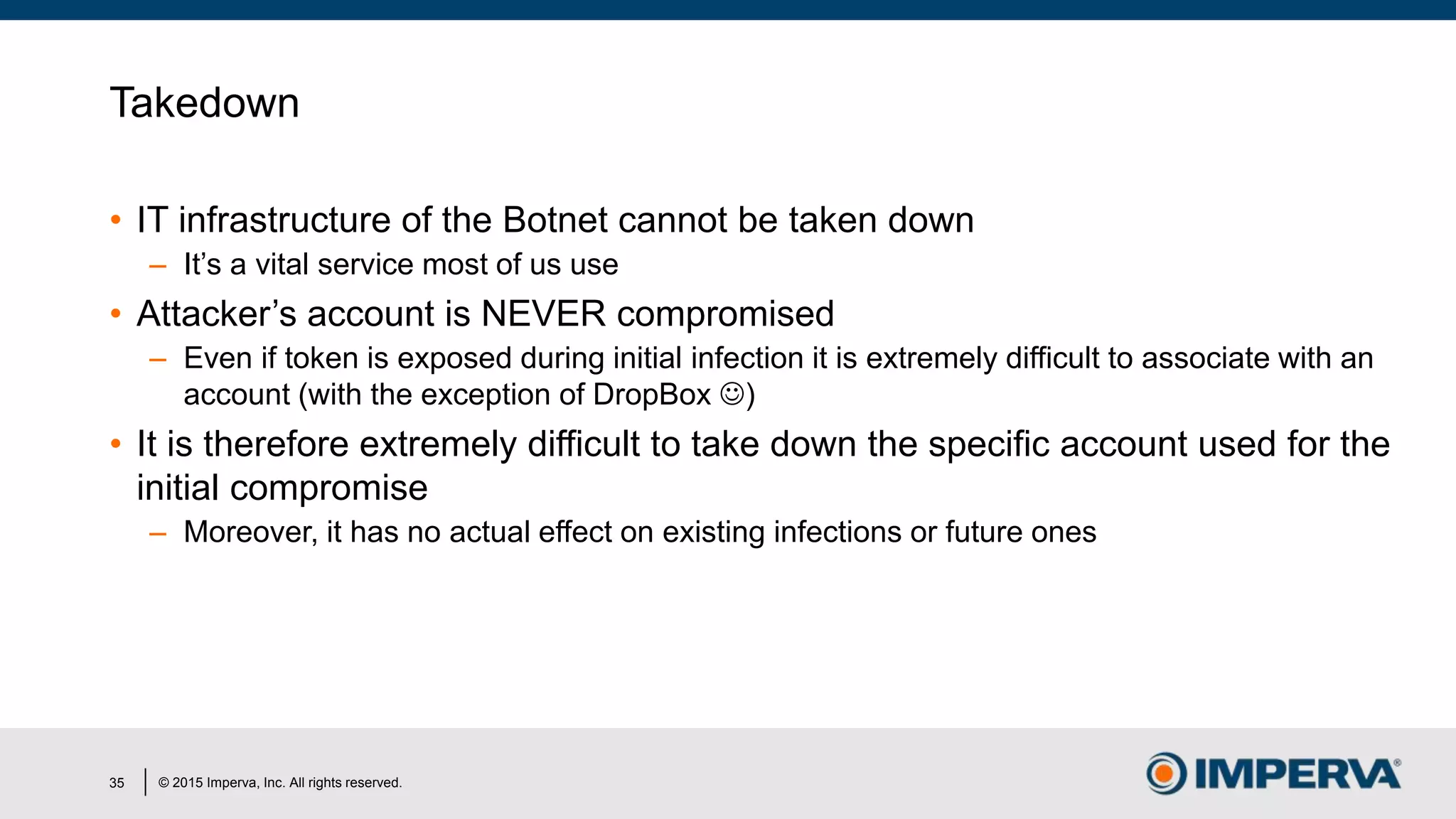 © 2015 Imperva, Inc. All rights reserved.
Takedown
• IT infrastructure of the Botnet cannot be taken down
– It’s a vital service most of us use
• Attacker’s account is NEVER compromised
– Even if token is exposed during initial infection it is extremely difficult to associate with an
account (with the exception of DropBox )
• It is therefore extremely difficult to take down the specific account used for the
initial compromise
– Moreover, it has no actual effect on existing infections or future ones
35
 