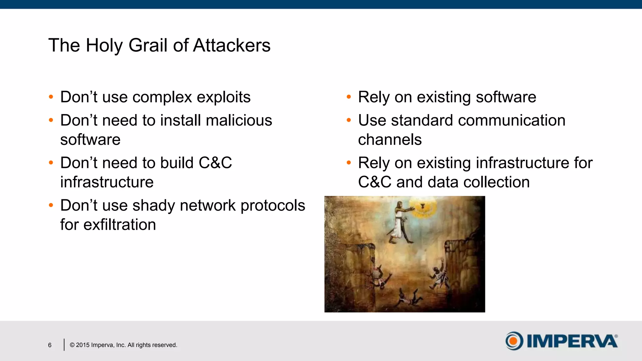 © 2015 Imperva, Inc. All rights reserved.
The Holy Grail of Attackers
• Don’t use complex exploits
• Don’t need to install malicious
software
• Don’t need to build C&C
infrastructure
• Don’t use shady network protocols
for exfiltration
• Rely on existing software
• Use standard communication
channels
• Rely on existing infrastructure for
C&C and data collection
6
 