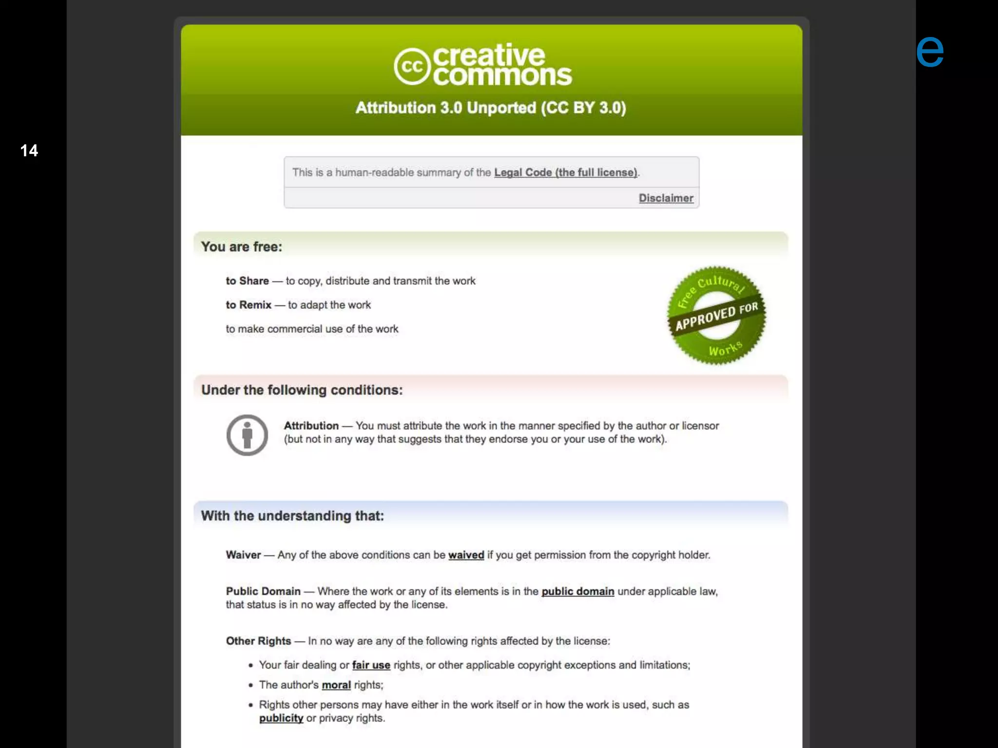 Creative Commons: CC-by License
14
     Deed
 