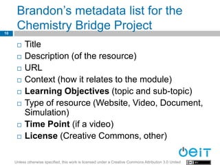 Brandon’s metadata list for the
10
      Chemistry Bridge Project
         Title
         Description (of the resource)
         URL
         Context (how it relates to the module)
         Learning Objectives (topic and sub-topic)
         Type of resource (Website, Video, Document,
          Simulation)
         Time Point (if a video)
         License (Creative Commons, other)

     Unless otherwise specified, this work is licensed under a Creative Commons Attribution 3.0 United
 
