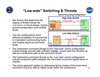 “Low-side” Switching & Threats
                                                 Typical Grounding Configuration


•   Key factors that determine the
    degree of threat include the
    interaction of circuit design, system
    ground configuration and credible
    faults.

•   The two configurations have
    different probability of occurrences
    to inadvertent commanding faults
    and roughly equal no-command
    faults
•   The inadvertent command threats to the “high-side” switch configuration
    include energy sources with sufficient voltage, current and time duration as
    well as a conductive path to the command circuit.
•   The inadvertent command threats to the “Low-side” switch configuration
    include conductive paths between the command circuit and signal return or
    chassis.
•   The same approach applies to addressing failure modes of the lower level
    command circuit as well as higher levels within the architecture.              10
 