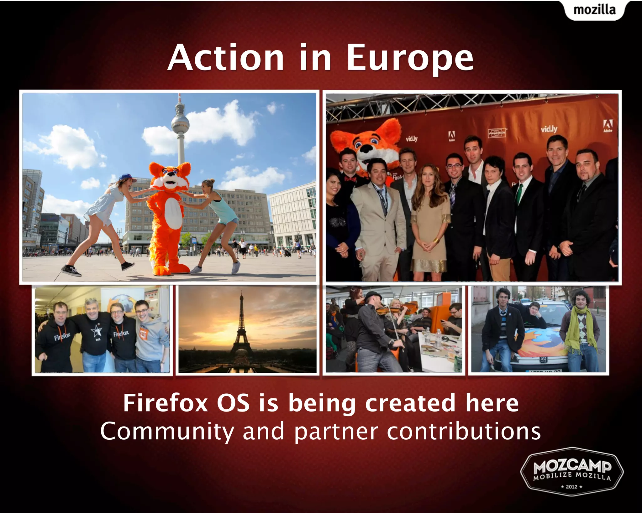 Action in Europe




 Firefox OS is being created here
Community and partner contributions
 