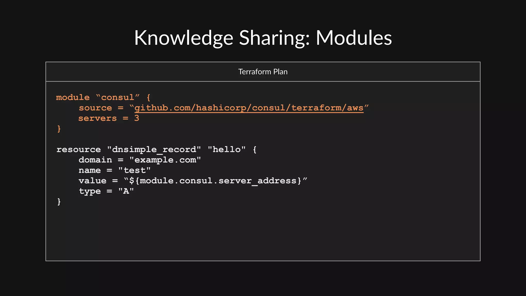 Knowledge  Sharing:  Modules
Terraform  Plan
module “consul” {
source = “github.com/hashicorp/consul/terraform/aws”
servers = 3
}
resource "dnsimple_record" "hello" {
domain = "example.com"
name = "test"
value = “${module.consul.server_address}”
type = "A"
}
 