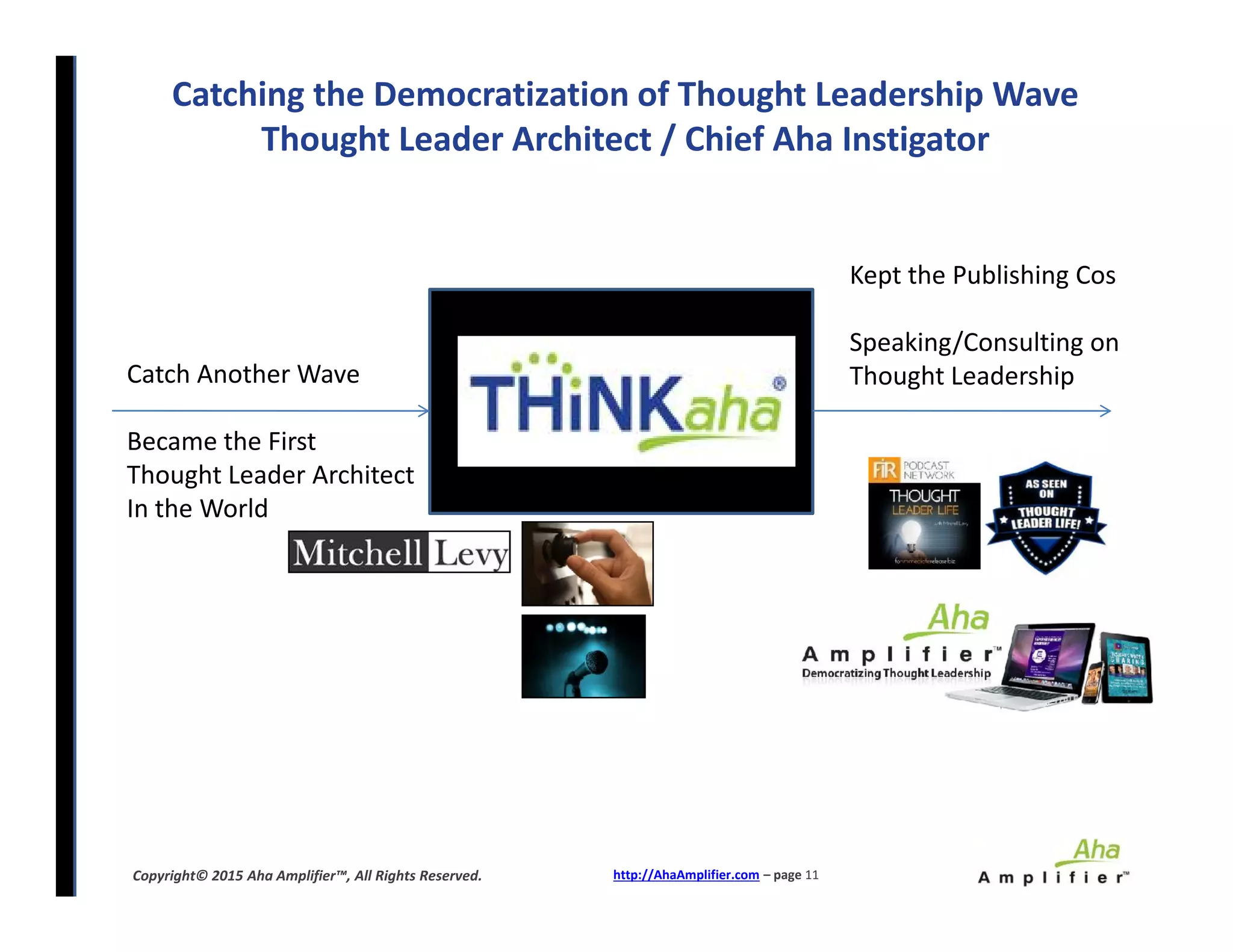 Catching the Democratization of Thought Leadership Wave
Thought Leader Architect / Chief Aha Instigator
Catch Another Wave
Became the First
Thought Leader Architect
In the World
Kept the Publishing Cos
Speaking/Consulting on
Thought Leadership
http://AhaAmplifier.com – page 11Copyright© 2015 Aha Amplifier™, All Rights Reserved.
Catch Another Wave
Became the First
Thought Leader Architect
In the World
 