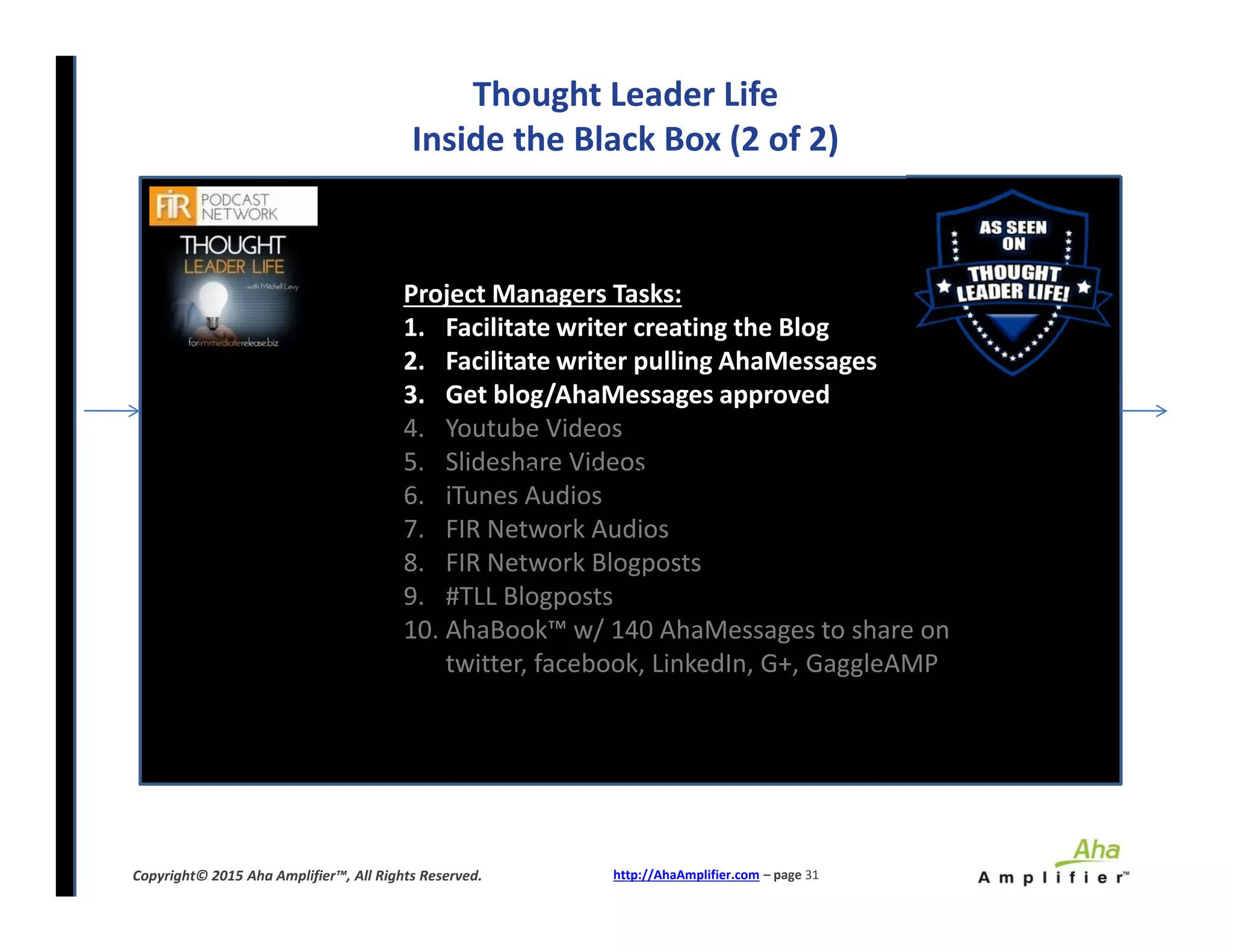 Thought Leader Life
Inside the Black Box (2 of 2)
Project Managers Tasks:
1. Facilitate writer creating the Blog
2. Facilitate writer pulling AhaMessages
3. Get blog/AhaMessages approved
4. Youtube Videos
5. Slideshare Videos
6. iTunes Audios
7. FIR Network Audios
8. FIR Network Blogposts
9. #TLL Blogposts
10. AhaBook™ w/ 140 AhaMessages to share on
twitter, facebook, LinkedIn, G+, GaggleAMP
w3needcontract0rs
http://AhaAmplifier.com – page 31Copyright© 2015 Aha Amplifier™, All Rights Reserved.
Project Managers Tasks:
1. Facilitate writer creating the Blog
2. Facilitate writer pulling AhaMessages
3. Get blog/AhaMessages approved
4. Youtube Videos
5. Slideshare Videos
6. iTunes Audios
7. FIR Network Audios
8. FIR Network Blogposts
9. #TLL Blogposts
10. AhaBook™ w/ 140 AhaMessages to share on
twitter, facebook, LinkedIn, G+, GaggleAMP
w3needcontract0rs
 