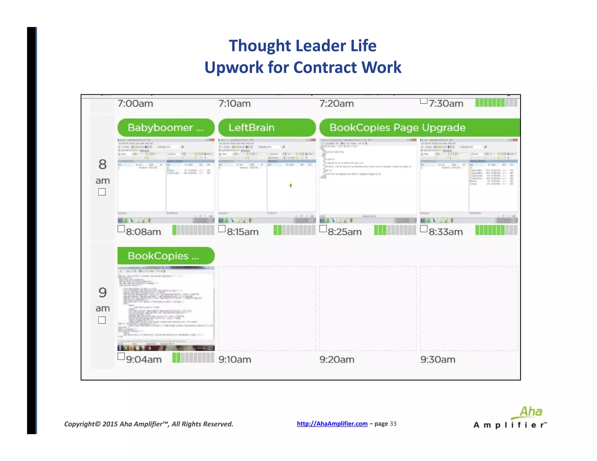 Thought Leader Life
Upwork for Contract Work
http://AhaAmplifier.com – page 33Copyright© 2015 Aha Amplifier™, All Rights Reserved.
 