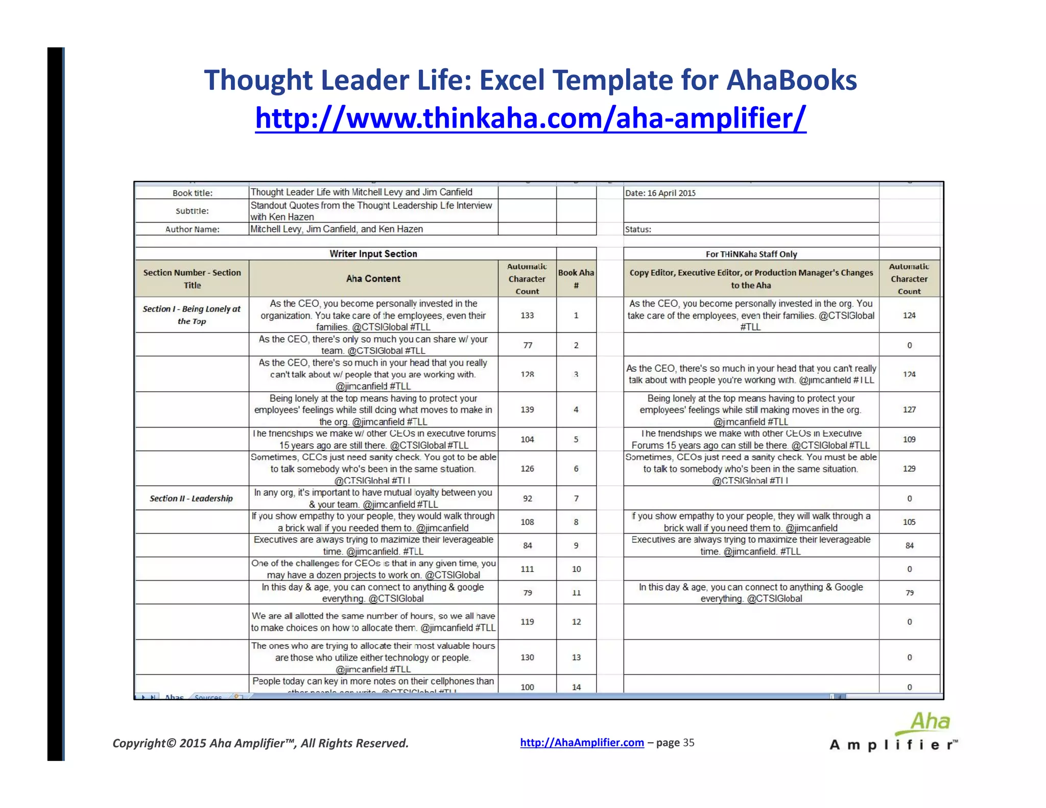 Thought Leader Life: Excel Template for AhaBooks
http://www.thinkaha.com/aha-amplifier/
http://AhaAmplifier.com – page 35Copyright© 2015 Aha Amplifier™, All Rights Reserved.
 