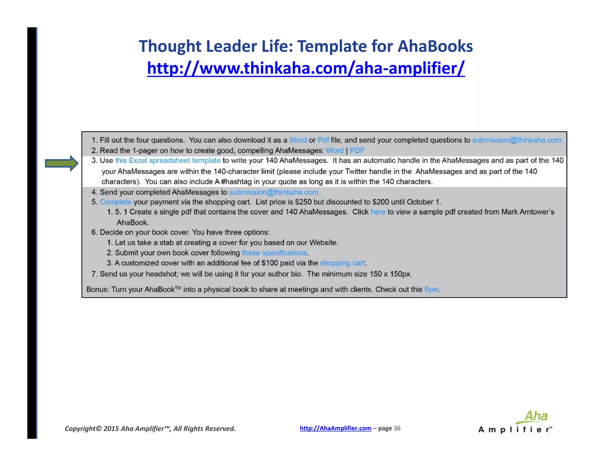 Thought Leader Life: Template for AhaBooks
http://www.thinkaha.com/aha-amplifier/
http://AhaAmplifier.com – page 36Copyright© 2015 Aha Amplifier™, All Rights Reserved.
 