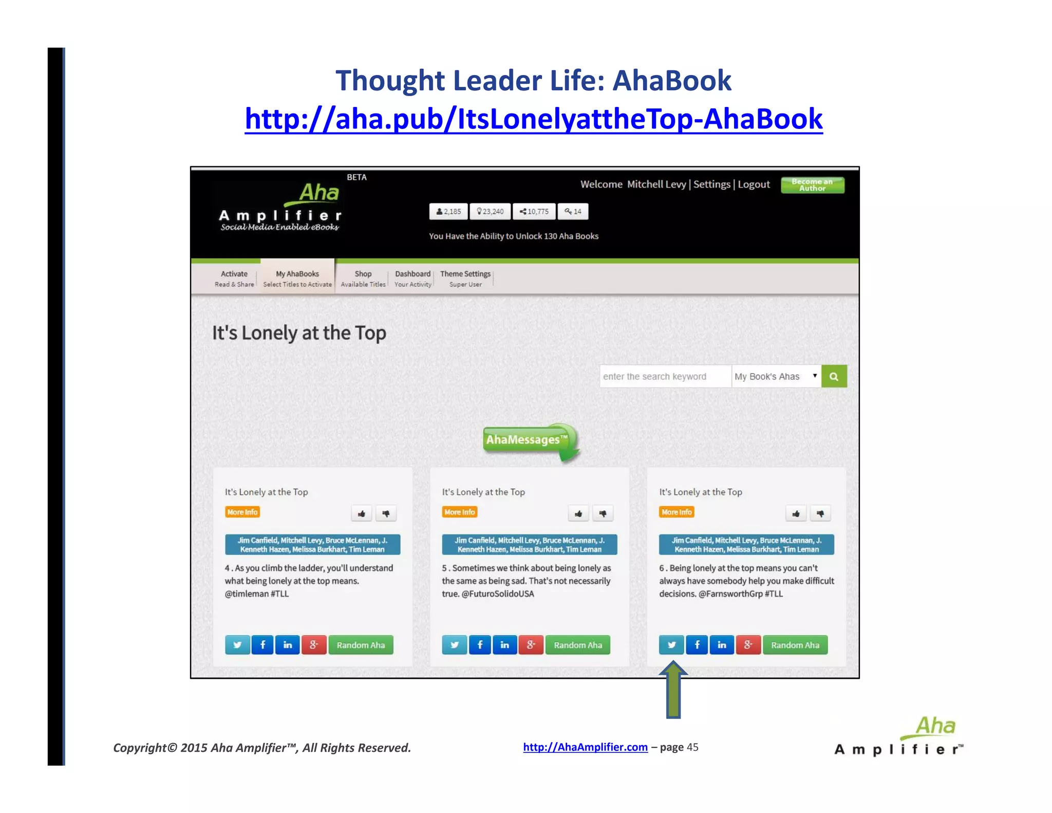 Thought Leader Life: AhaBook
http://aha.pub/ItsLonelyattheTop-AhaBook
http://AhaAmplifier.com – page 45Copyright© 2015 Aha Amplifier™, All Rights Reserved.
 