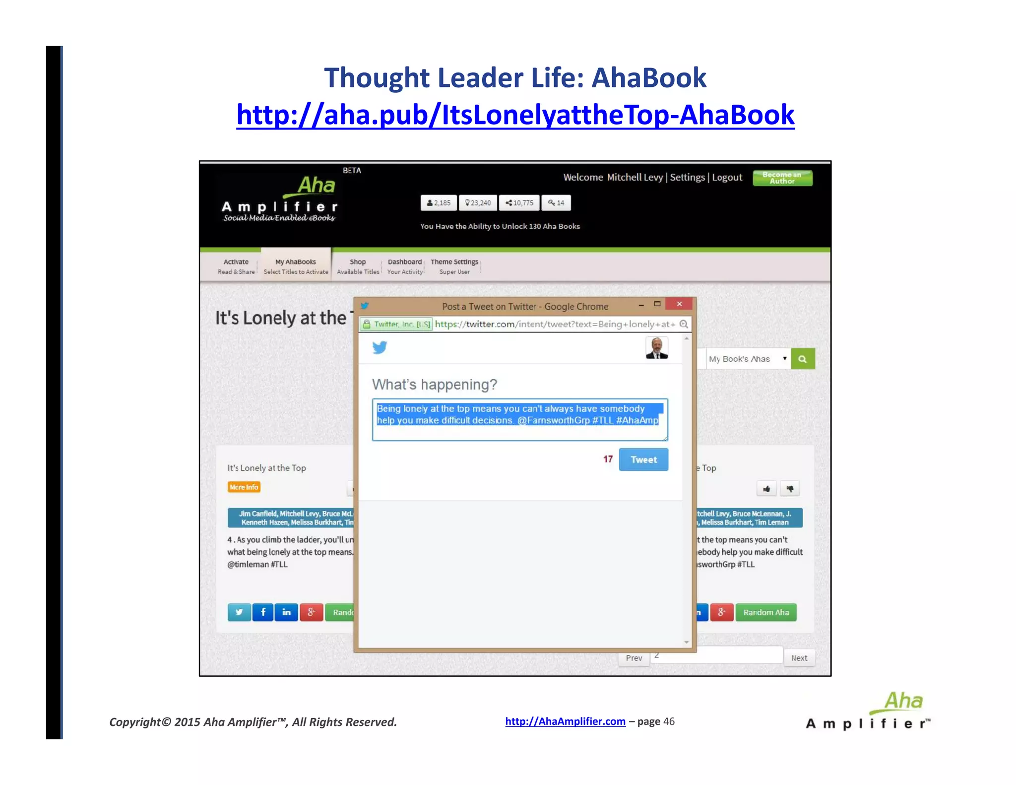 Thought Leader Life: AhaBook
http://aha.pub/ItsLonelyattheTop-AhaBook
http://AhaAmplifier.com – page 46Copyright© 2015 Aha Amplifier™, All Rights Reserved.
 