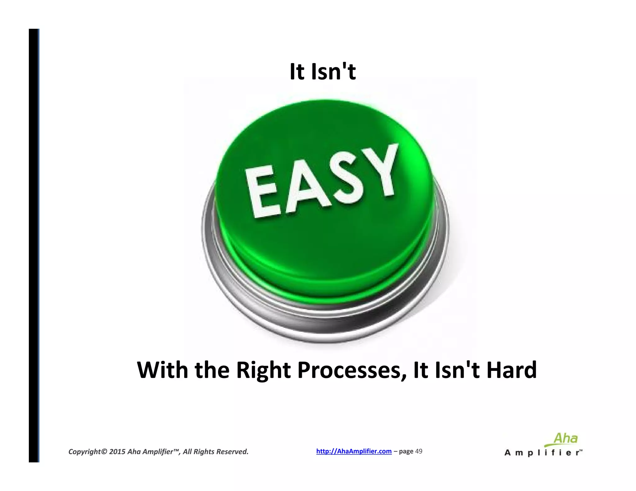 It Isn't
http://AhaAmplifier.com – page 49Copyright© 2015 Aha Amplifier™, All Rights Reserved.
With the Right Processes, It Isn't Hard
 