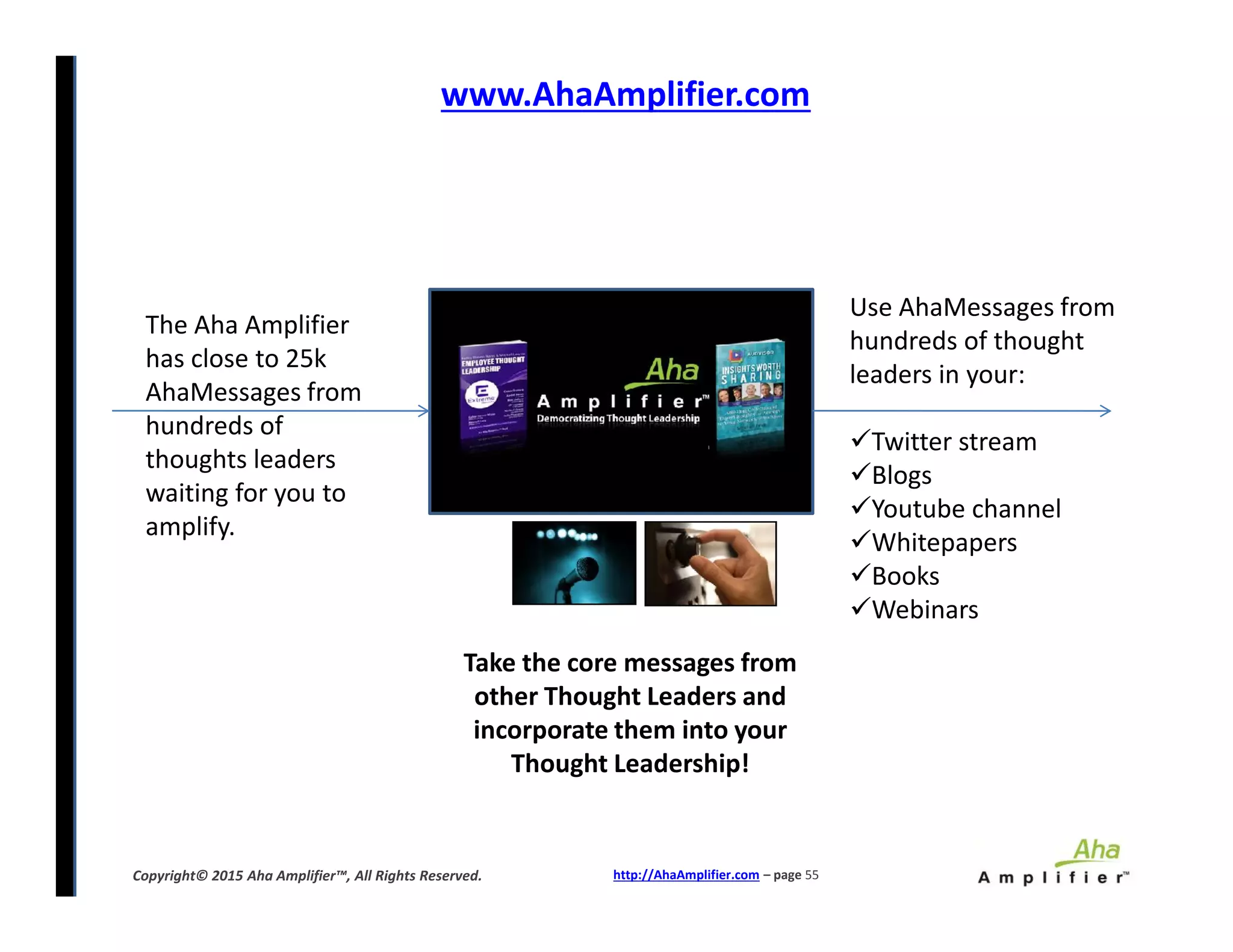 www.AhaAmplifier.com
The Aha Amplifier
has close to 25k
AhaMessages from
hundreds of
thoughts leaders
waiting for you to
amplify.
Use AhaMessages from
hundreds of thought
leaders in your:
Twitter stream
Blogs
Youtube channel
Whitepapers
Books
Webinars
http://AhaAmplifier.com – page 55Copyright© 2015 Aha Amplifier™, All Rights Reserved.
The Aha Amplifier
has close to 25k
AhaMessages from
hundreds of
thoughts leaders
waiting for you to
amplify.
Use AhaMessages from
hundreds of thought
leaders in your:
Twitter stream
Blogs
Youtube channel
Whitepapers
Books
Webinars
Take the core messages from
other Thought Leaders and
incorporate them into your
Thought Leadership!
 