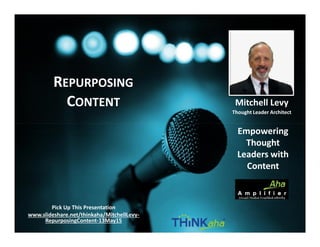 Mitchell Levy
Thought Leader Architect
REPURPOSING
CONTENT
Empowering
Thought
Leaders with
Content
http://AhaAmplifier.com – page 1Copyright© 2015 Aha Amplifier™, All Rights Reserved.
Pick Up This Presentation on SlideShare:
aha.pub/repurpose
Empowering
Thought
Leaders with
Content
 
