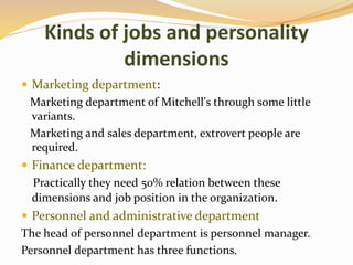 Kinds of jobs and personality
dimensions
 Marketing department:
Marketing department of Mitchell's through some little
variants.
Marketing and sales department, extrovert people are
required.
 Finance department:
Practically they need 50% relation between these
dimensions and job position in the organization.
 Personnel and administrative department
The head of personnel department is personnel manager.
Personnel department has three functions.
 