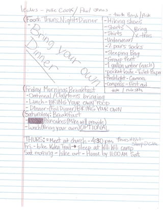 Mitchells list of things to bring campout oct. 8