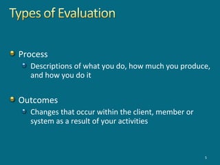 Process
Descriptions of what you do, how much you produce,
and how you do it
Outcomes
Changes that occur within the client, member or
system as a result of your activities
5
 