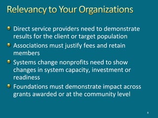 Direct service providers need to demonstrate
results for the client or target population
Associations must justify fees and retain
members
Systems change nonprofits need to show
changes in system capacity, investment or
readiness
Foundations must demonstrate impact across
grants awarded or at the community level
8
 