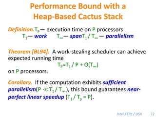 Cilk-M’s Work-Stealing SchedulerEach worker maintains awork dequeof frames, and it manipulates the bottom of the deque like a stack [MKH90, BL94, FLR98].spawncallspawnspawnspawncallspawnspawncallPPPP43