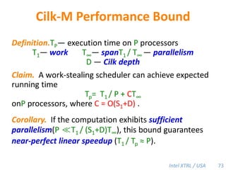 Cilk-M’s Work-Stealing SchedulerEach worker maintains awork dequeof frames, and it manipulates the bottom of the deque like a stack [MKH90, BL94, FLR98].spawncallspawnspawnspawncallspawncallspawncallcall!PPPP44