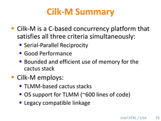Cilk-M’s Work-Stealing SchedulerEach worker maintains awork dequeof frames, and it manipulates the bottom of the deque like a stack [MKH90, BL94, FLR98].spawnspawncallcallspawnspawnspawncallcallspawnspawncallspawnspawnPPPPTheorem [BL94]:  With sufficient parallelism, workers steal infrequently linear speedup.50
