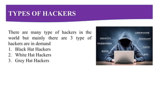 TYPES OF HACKERS
There are many type of hackers in the
world but mainly there are 3 type of
hackers are in demand
1. Black Hat Hackers
2. White Hat Hackers
3. Grey Hat Hackers
 