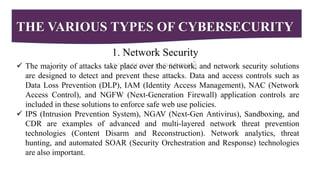 THE VARIOUS TYPES OF CYBERSECURITY
1. Network Security
 The majority of attacks take place over the network, and network security solutions
are designed to detect and prevent these attacks. Data and access controls such as
Data Loss Prevention (DLP), IAM (Identity Access Management), NAC (Network
Access Control), and NGFW (Next-Generation Firewall) application controls are
included in these solutions to enforce safe web use policies.
 IPS (Intrusion Prevention System), NGAV (Next-Gen Antivirus), Sandboxing, and
CDR are examples of advanced and multi-layered network threat prevention
technologies (Content Disarm and Reconstruction). Network analytics, threat
hunting, and automated SOAR (Security Orchestration and Response) technologies
are also important.
 
