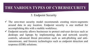 THE VARIOUS TYPES OF CYBERSECURITY
3. Endpoint Security
 The zero-trust security model recommends creating micro-segments
around data in any location. Endpoint security is one method for
accomplishing this with a mobile workforce.
 Endpoint security allows businesses to protect end-user devices such as
desktops and laptops by implementing data and network security
controls, advanced threat prevention such as anti-phishing and anti-
ransomware, and forensic technologies such as endpoint detection and
response (EDR) solutions.
 