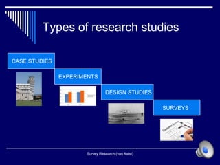 Types of research studies
1
CASE STUDIES
EXPERIMENTS
DESIGN STUDIES
SURVEYS
Survey Research (van Aalst)
 