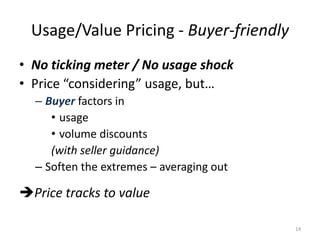 Usage/Value Pricing - Buyer-friendly
• No ticking meter / No usage shock
• Price “considering” usage, but…
  – Buyer facto...