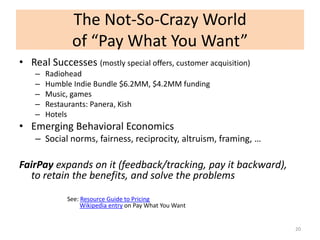 The Not-So-Crazy World
              of “Pay What You Want”
• Real Successes (mostly special offers, customer acquisition)...
