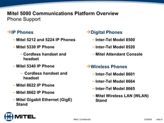 Mitel 5000 Communications Platform Overview Phone Support IP Phones Mitel 5212 and 5224 IP Phones Mitel 5330 IP Phone Cordless handset and headset Mitel 5340 IP Phone Cordless handset and headset Mitel 8622 IP Phone Mitel 8662 IP Phone Mitel Gigabit Ethernet (GigE) Stand Digital Phones Inter-Tel Model 8500  Inter-Tel Model 8520 Mitel Attendant Console Wireless Phones Inter-Tel Model 8601 Inter-Tel Model 8664 Inter-Tel Model 8665 Mitel Wireless LAN (WLAN) Stand 
