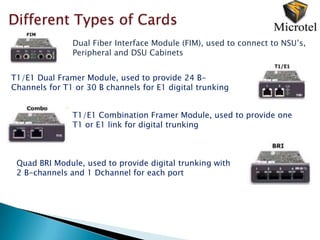 Different Types of Cards
               Dual Fiber Interface Module (FIM), used to connect to NSU’s,
               Peripheral and DSU Cabinets


T1/E1 Dual Framer Module, used to provide 24 B-
Channels for T1 or 30 B channels for E1 digital trunking


               T1/E1 Combination Framer Module, used to provide one
               T1 or E1 link for digital trunking



 Quad BRI Module, used to provide digital trunking with
 2 B-channels and 1 Dchannel for each port
 