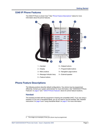 Getting Started

     5340 IP Phone Features
                      The 5340 IP Phone is shown here.2 See “Phone Feature Descriptions” below for more
                      information about the phone features.

                                      1                             2      3                        4




                                                                                                                  5




                                                                                                                 6




                                                                9         8                     7

                                          1 – Handset                    6 – Dialpad buttons
                                          2 – Display                    7 – Programmable buttons
                                          3 – Menu buttons               8 – Navigation page buttons
                                          4 – Message Indicator lamp     9 – External speaker
                                          5 – Feature buttons



     Phone Feature Descriptions
                      The following sections describe default configurations. Your phone may be programmed
                      differently. Contact your system administrator for more information. See “5320/5330 IP Phone
                      Features” on page 2“ and “5340 IP Phone Features” above for phone feature locations.

                      Handset
                      The handset provided with this equipment is hearing aid compatible (HAC). If you are using a
                      headset or if you are in Handsfree Mode, you do not need to use the handset. See “Headset
                      Instructions” on page 8 and “Using Handsfree Mode” on page 31 for more information.




                      2. This image is an example of how your phone may be programmed.



Mitel® 5320/5330/5340 IP Phone User Guide – Issue 3, September 2009                                              Page 3
 