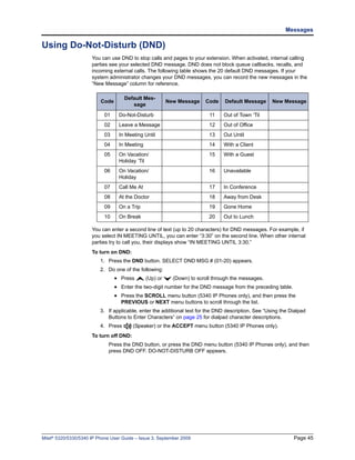 Messages

Using Do-Not-Disturb (DND)
                      You can use DND to stop calls and pages to your extension. When activated, internal calling
                      parties see your selected DND message. DND does not block queue callbacks, recalls, and
                      incoming external calls. The following table shows the 20 default DND messages. If your
                      system administrator changes your DND messages, you can record the new messages in the
                      “New Message” column for reference.

                                     Default Mes-
                          Code                           New Message    Code     Default Message      New Message
                                        sage
                            01    Do-Not-Disturb                          11    Out of Town ‘Til
                            02    Leave a Message                         12    Out of Office
                            03    In Meeting Until                        13    Out Until
                            04    In Meeting                              14    With a Client
                            05    On Vacation/                            15    With a Guest
                                  Holiday ’Til
                            06    On Vacation/                            16    Unavailable
                                  Holiday
                            07    Call Me At                              17    In Conference
                            08    At the Doctor                           18    Away from Desk
                            09    On a Trip                               19    Gone Home
                            10    On Break                                20    Out to Lunch

                      You can enter a second line of text (up to 20 characters) for DND messages. For example, if
                      you select IN MEETING UNTIL, you can enter “3:30” on the second line. When other internal
                      parties try to call you, their displays show “IN MEETING UNTIL 3:30.”
                      To turn on DND:
                          1. Press the DND button. SELECT DND MSG # (01-20) appears.
                          2. Do one of the following:
                                 • Press       (Up) or     (Down) to scroll through the messages.
                                 • Enter the two-digit number for the DND message from the preceding table.
                                 • Press the SCROLL menu button (5340 IP Phones only), and then press the
                                   PREVIOUS or NEXT menu buttons to scroll through the list.
                          3. If applicable, enter the additional text for the DND description. See “Using the Dialpad
                             Buttons to Enter Characters” on page 25 for dialpad character descriptions.
                          4. Press       (Speaker) or the ACCEPT menu button (5340 IP Phones only).
                      To turn off DND:
                              Press the DND button, or press the DND menu button (5340 IP Phones only), and then
                              press DND OFF. DO-NOT-DISTURB OFF appears.




Mitel® 5320/5330/5340 IP Phone User Guide – Issue 3, September 2009                                            Page 45
 