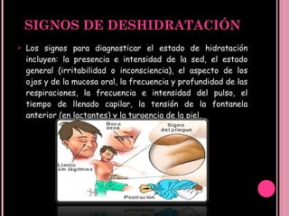 SIGNOS DE DESHIDRATACIÓN Los signos para diagnosticar el estado de hidratación incluyen: la presencia e intensidad de la sed, el estado general (irritabilidad o inconsciencia), el aspecto de los ojos y de la mucosa oral, la frecuencia y profundidad de las respiraciones, la frecuencia e intensidad del pulso, el tiempo de llenado capilar, la tensión de la fontanela anterior (en lactantes) y la turgencia de la piel.  