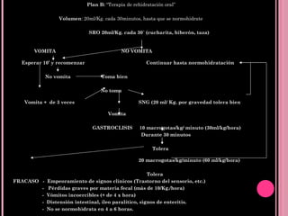 Plan B:  “Terapia de rehidratación oral” Volumen : 20ml/Kg. cada 30minutos, hasta que se normohidrate SRO 20ml/Kg. cada 30´ (cucharita, biberón, taza)   VOMITA  NO VOMITA Esperar 10’ y recomenzar  Continuar hasta normohidratación No vomita  Toma bien No toma   Vomita +  de 3 veces  SNG (20 ml/ Kg. por gravedad tolera bien   Vomita GASTROCLISIS  10 macrogotas/kg/ minuto (30ml/kg/hora) Durante 30 minutos Tolera   20 macrogotas/kg/minuto (60 ml/kg/hora) Tolera FRACASO  -  Empeoramiento de signos clínicos (Trastorno del sensorio, etc.) -  Pérdidas graves por materia fecal (más de 10/Kg./hora) -  Vómitos incoercibles (+ de 4 x hora) -  Distensión intestinal, íleo paralítico, signos de enteritis. -  No se normohidrata en 4 a 6 horas. HIDRATACIÓN PARENTERAL: PLAN C 
