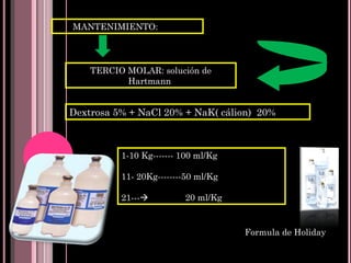 MANTENIMIENTO: TERCIO MOLAR:  solución de Hartmann  Dextrosa 5% + NaCl 20% + NaK( cálion)  20%  1-10 Kg------- 100 ml/Kg 11- 20Kg--------50 ml/Kg 21---    20 ml/Kg Formula de Holiday 