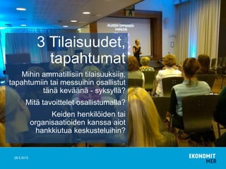 3 Tilaisuudet,
tapahtumat
Mihin ammatillisiin tilaisuuksiin,
tapahtumiin tai messuihin osallistut
tänä keväänä - syksyllä?
Mitä tavoittelet osallistumalla?
Keiden henkilöiden tai
organisaatioiden kanssa aiot
hankkiutua keskusteluihin?
28.5.2015
 