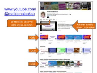 www.youtube.com/
@matleenalaakso
Osio
Osio
Kanavan esittely-
videot (2) ja -teksti
Soittolistat, joita voi
lisätä myös osioihin.
 