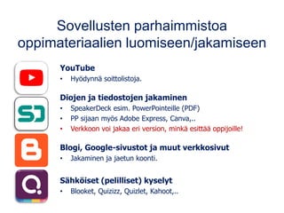 Sovellusten parhaimmistoa
oppimateriaalien luomiseen/jakamiseen
YouTube
• Hyödynnä soittolistoja.
Diojen ja tiedostojen jakaminen
• SpeakerDeck esim. PowerPointeille (PDF)
• PP sijaan myös Adobe Express, Canva,..
• Verkkoon voi jakaa eri version, minkä esittää oppijoille!
Blogi, Google-sivustot ja muut verkkosivut
• Jakaminen ja jaetun koonti.
Sähköiset (pelilliset) kyselyt
• Blooket, Quizizz, Quizlet, Kahoot,..
 