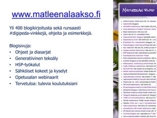 www.matleenalaakso.fi
Yli 400 blogikirjoitusta sekä runsaasti
#digipeda-vinkkejä, ohjeita ja esimerkkejä.
Blogisivuja:
• Ohjeet ja diasarjat
• Generatiivinen tekoäly
• H5P-työkalut
• Sähköiset kokeet ja kyselyt
• Opetusalan webinaarit
• Tervetuloa: tulevia koulutuksiani
 