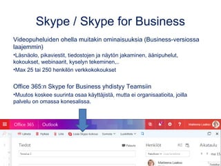 Skype / Skype for Business
Videopuheluiden ohella muitakin ominaisuuksia (Business-versiossa
laajemmin)
•Läsnäolo, pikavie...