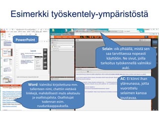 Esimerkki työskentely-ympäristöstä
Selain: oik.ylhäällä, mistä sen
saa tarvittaessa nopeasti
käyttöön. Ne sivut, joilla
ta...