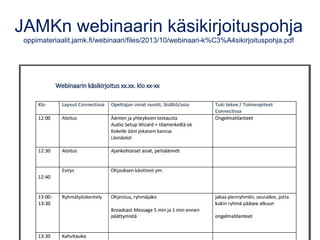 JAMKn webinaarin käsikirjoituspohja
oppimateriaalit.jamk.fi/webinaari/files/2013/10/webinaari-k%C3%A4sikirjoituspohja.pdf
 