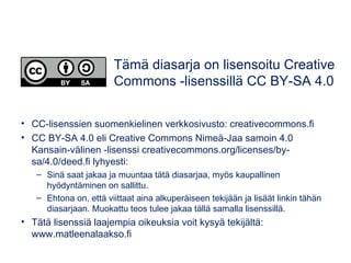 • CC-lisenssien suomenkielinen verkkosivusto: creativecommons.fi
• CC BY-SA 4.0 eli Creative Commons Nimeä-Jaa samoin 4.0
...