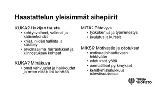 KUKA? Hakijan tausta
? kehitysvaiheet, valinnat ja
k??nnekohdat
? kriisit, niiden hallinta ja
k?sittely
? arvomaailma, harrastukset ja
kiinnostuksen kohteet
KUKA? Min?kuva
? omat vahvuudet ja heikkoudet
ja miten niit? tulisi kehitt??
MIT?? P?tevyys
? ty?kokemus ja ty?menestys
? koulutus ja kurssit
MIKSI? Motivaatio ja odotukset
? motivaatio haettavaan
teht?v??n
? odotukset ty?lt?
? ammatilliset pyrkimykset
? kehittymishalukkuus
tulevaisuudessa
Haastattelun yleisimm?t aihepiirit
 