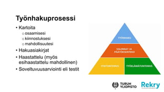 ? Kartoita
oosaamisesi
okiinnostuksesi
omahdollisuutesi
? Hakuasiakirjat
? Haastattelu (my?s
esihaastattelu mahdollinen)
? Soveltuvuusarviointi eli testit
Ty?nhakuprosessi
 