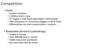 • Eveve
• Scottish company
• 2 Million diners / year
• 2nd largest in USA (beats OpenTable in Minnesota)
• 780 restaurants in 11 countries (biggest in NZ & Chile)
• Differentiates via more customization + analytics
• Bookatable (formerly Livebookings)
• Largest in Europe
• Over 200,000 diners / month
• 9,000 restaurants worldwide
• No reservation fees for diners
Competition
By Mitesh M Motwani | www.BeingMCuBE.com
 